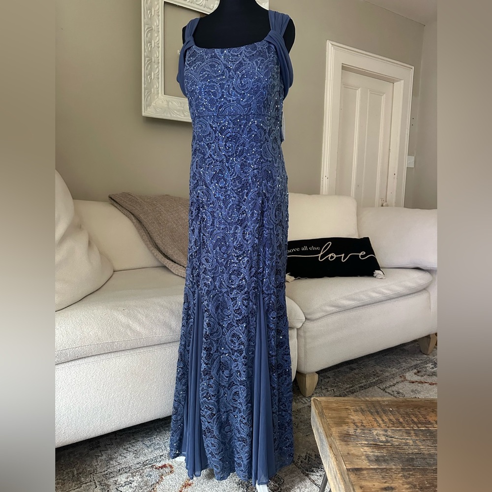 NWT ALEX EVENINGS Cold Shoulder Prom Mother of The Bride Blue Dress Size 16